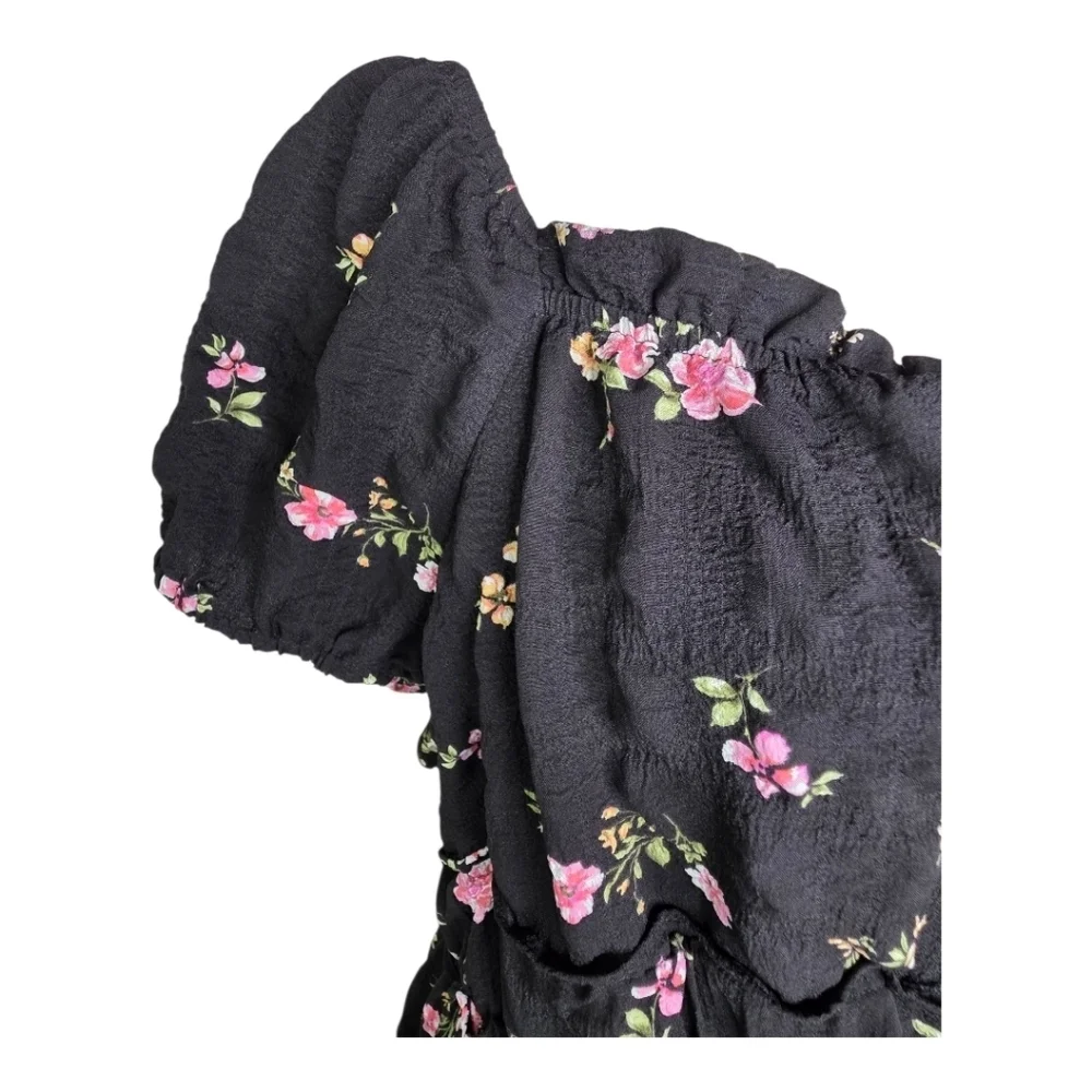 Arula Black Floral Puff Sleeve Tiered Mini Dress Size X Plus Size - Picture 2 of 7